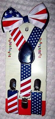Kids US Flag Bow Tie & US Flag Red,White, & Blue Adjustable Suspenders Combo-New