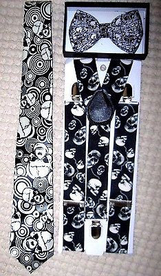 Unisex Skulls Design,Multi Skulls Neck Tie,& Wide Skulls Suspenders Combo-New