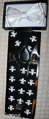 Fleur de lis Design New Orleans Saints Y-Style Back Suspenders & White Bow Tie