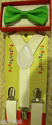 Green Kids Boys Girls Y-Style Back Adjustable Bow Tie & White Kid suspenders-New