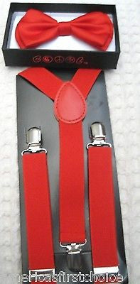 Kids Teens Red Adjustable Bow Tie & Red Adjustable Suspenders Combo Set-New!