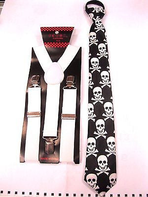 Kids Teens Skulls & Crossbones Pre-Tied NeckTie& WHITE Adjustable Suspenders Set