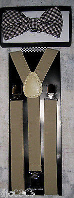 Tan Beige Checkered Diamonds Adjustable Bow tie&Beige Adjustable Suspenders Set