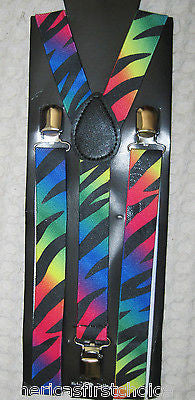 Black Tuxedo Bow Tie & Rainbow Black with Zebra Stripes Suspenders Combo Set-New