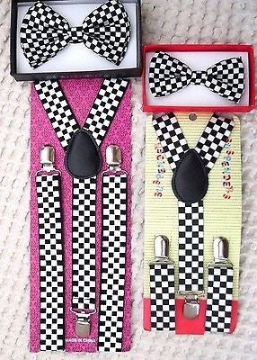 Father & Son Black & White Checkers Adjustable Bow Tie & Suspenders Combo