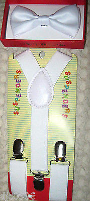 Blue  Kid's Boys Girls Y-Style Back Adjustable Bow Tie & White Kid suspenders-