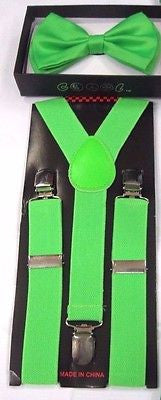 Teens GREEN Adjustable Bow Tie and NEON GREEN Y-Back adjustable Suspenders-V1