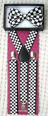 BLACK WHITE CHECKERED Adjustable Bow tie&Adjustable Y-Back Suspenders Combo-New2