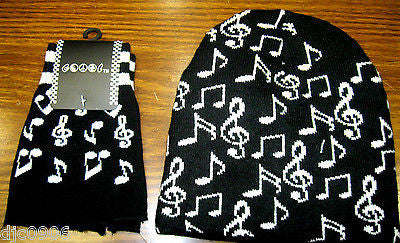 Black with White Musical Notes Beanie Ski Cap + Musical Notes Match Gloves -New!