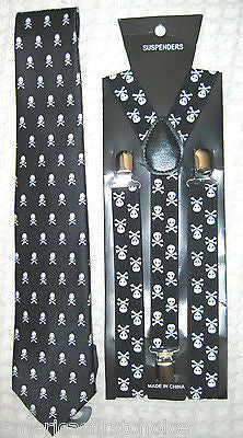 Unisex Small Skulls Crossbones Bow tie, Skulls Neck Tie,& Suspenders Combo Set