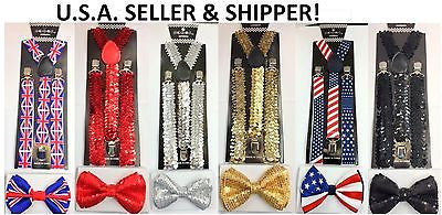 Black Sequin Adjustable Bowtie & Black Sequence Adjustable Suspenders Combo-New!