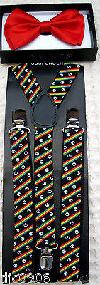 SOLID RED TUXEDO ADJUSTABLE BOW TIE+RASTA STRIPES PEACE SIGNS  SUSPENDERS COMBO