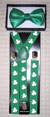 Solid Green Adjustable Bow Tie & Green w/ White 3 Leaf Clovers Adj. Suspenders