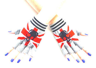 NEW BRITISH PUNK FLAG SKULL STRIPES CUTOFF FINGERLESS GLOVES GRAY RED BLACK-NEW!