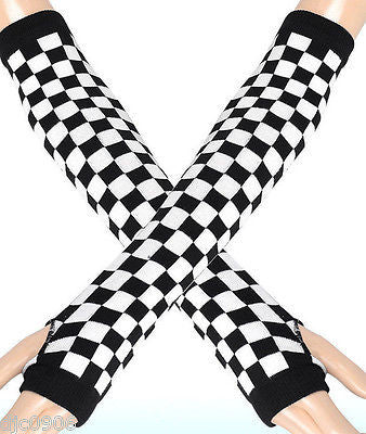 Women Black White Checkers Elastic Fingerless Arm Warmers Elbow Long Gloves-New