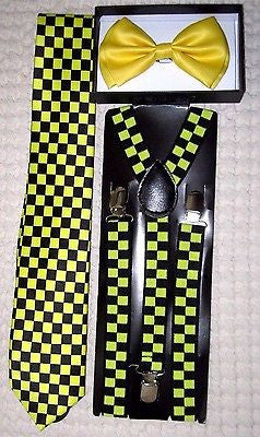 Yellow Adj Bow tie,Yellow Necktie and Black&Yellow Checkers Checkered Suspenders