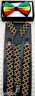 RASTA TUXEDO ADJUSTABLE BOW TIE+RASTA STRIPES PEACE SIGNS  SUSPENDERS COMBO