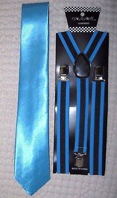 Unisex French Blue Sky blue Necktie & French Blue/Black Stripes Suspenders-New!
