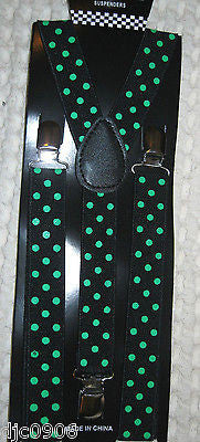 Unisex Light Green Polka Dots on Black Y-Style Back suspenders-New in Package!