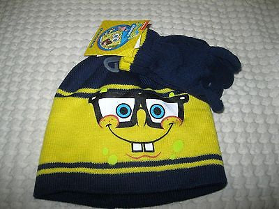Nick Jr. SpongeBob Blue/Yellow 3D Beanie Hat & Finger Gloves 2pc Set-Brand New!