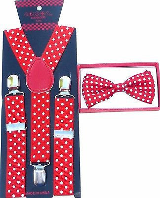 Kids Teens Polka Dot Adjustable Bow Tie&Matching 16"-27" Y-Back Suspenders-New!3