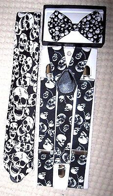 Unisex Skulls Design,Multi Skulls Neck Tie,& Wide Skulls Suspenders Combo-New