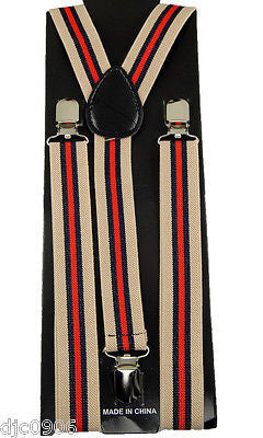 Unisex Mens Burgundy/Black/Beige Stripes Y-Back Design Adjustable Suspenders-New