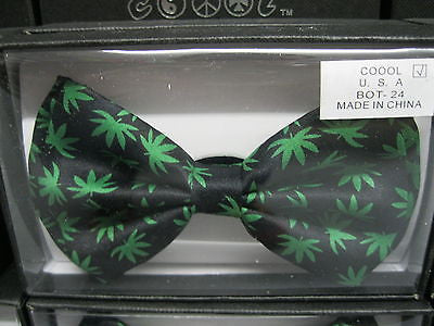 BLACK WITH NEON GREEN MARIJUANA MJ WEED LEAVES ADJUSTABLE  BOW TIE-NEW GIFT BOX!