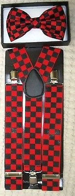 Black&Red Checkers Adjustable Bow tie&1 1/2" Black&Red Checkered Suspenders-3