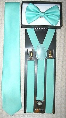 Unisex French Blue Sky blue Necktie & French Blue/Black Checker Suspenders-New!