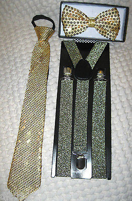 Blue Sequin Adjustable Bow Tie,Neck tie & Blue Glittered Suspenders Set-New !