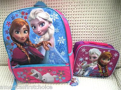 Frozen Anna, Elsa, and Flying Olaf 16" Backpack + Family Forever Lunchbox-New! I