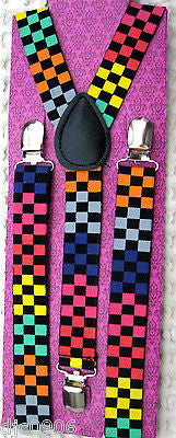 Rainbow Multi Color Checkered Unisex Adjustable Y-Back Suspenders-New in Package