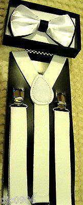 White Black Tips Adjustable Bow Tie & WHITE Adjustable Suspenders Combo-New