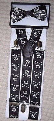 Unisex Skulls&Crossbones Adjustable Bow tie & 1 1/2" WIDE Adjustable Suspenders6