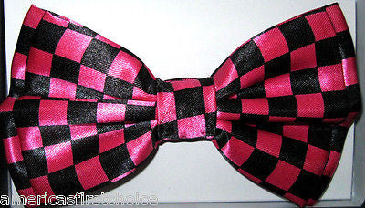 BLACK PINK CHECKERS TUXEDO ADJUSTABLE BOW TIE+SOLID PINK SUSPENDERS COMBO