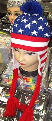 US American Flag Red,White,& Blue Stripes&Stars Flag POM POM Peruvian Beanie-New