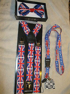 UK British England Red White Blue Suspenders,UK Lanyard&UK British Bow Tie-New!1