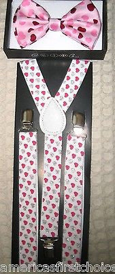 Hearts Adjustable Bow Tie&Pink Silver Hearts Adjustable Suspenders Combo-New!
