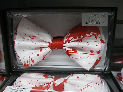 WHITE BLOOD SPLATTER  ADJUSTABLE PRE-TIED STRAP BOW TIE-NEW GIFT BOX!