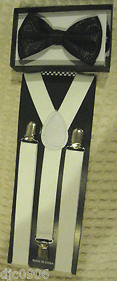 Solid Black Diamond Mesh Pattern Bow Tie & Solid White Y-Style Back Suspenders