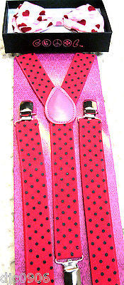 Valentine Pink Red Hearts Bow tie&Hot Pink with Black Polka Dot Suspenders Combo