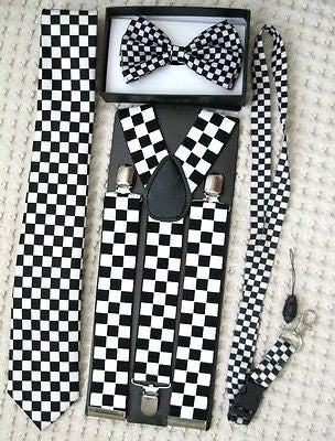 Black&White Checkers Bow tie,Necktie,Wide 1 1/2 Leopard Suspenders,&Lanyard-V2