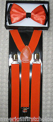 ORANGE WITH BLACK TIPS TUXEDO BOW TIE+ ORANGE CHECKERS  SUSPENDERS COMBO SET