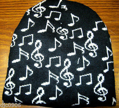 Black with White Musical Notes Beanie Ski Cap + Musical Notes Match Gloves -New!