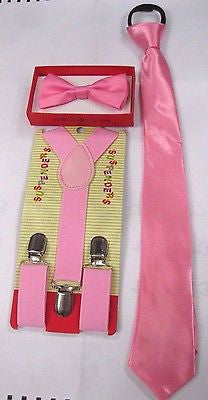 KidsTeens PINK Adjustable Bow Tie,Pink Neck Tie&Pink YBack adjustable Suspenders