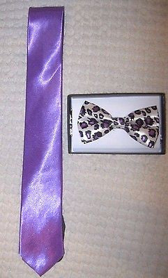 Solid Purple Neck tie & Purple Leopard Cheetah Adjustable Bow Tie Combo Set!