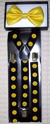 Solid Yellow Adjustable Bow Tie & Yellow and Black Checkers Checkered Suspenders