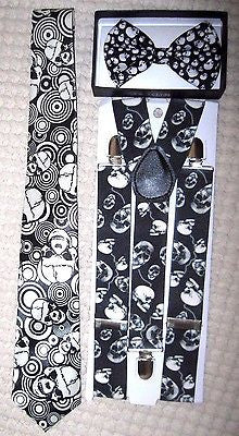 Unisex Small Skulls,Multi Skulls Neck Tie,& Wide Skulls Suspenders Combo-New!v5