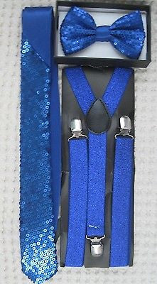 Royal Blue Sequin Adjustable Bow Tie,Neck tie & Blue Glitter Suspenders Set-V1